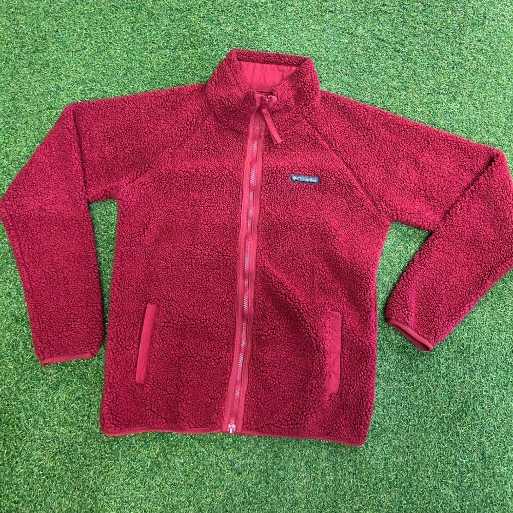 Columbia Womens Red Sherpa Pile Full Zip Fleece Jacket Medium Mock Neck Pocket